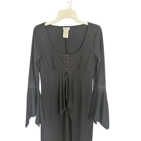 VTG Y2K Whimsigoth Black Long Line Corset Witchy Vampy Bell Sleeves Medium - Picture 3 of 8